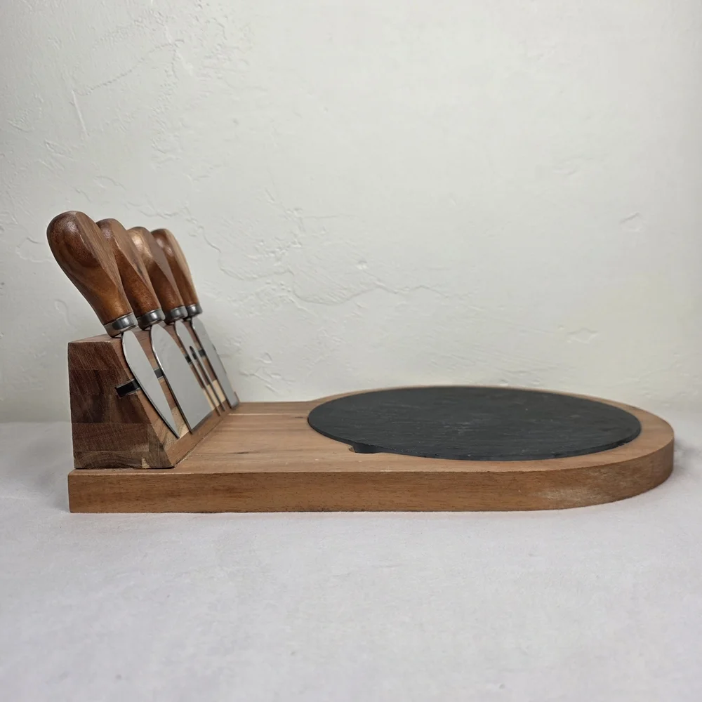 Cheese Board Set w/ Slate Tray & 4 Tools Wood Charcuterie Serving
